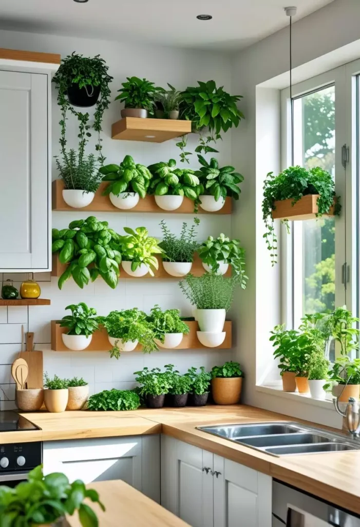 Herb garden shelves covering a bright kitchen wall by the window