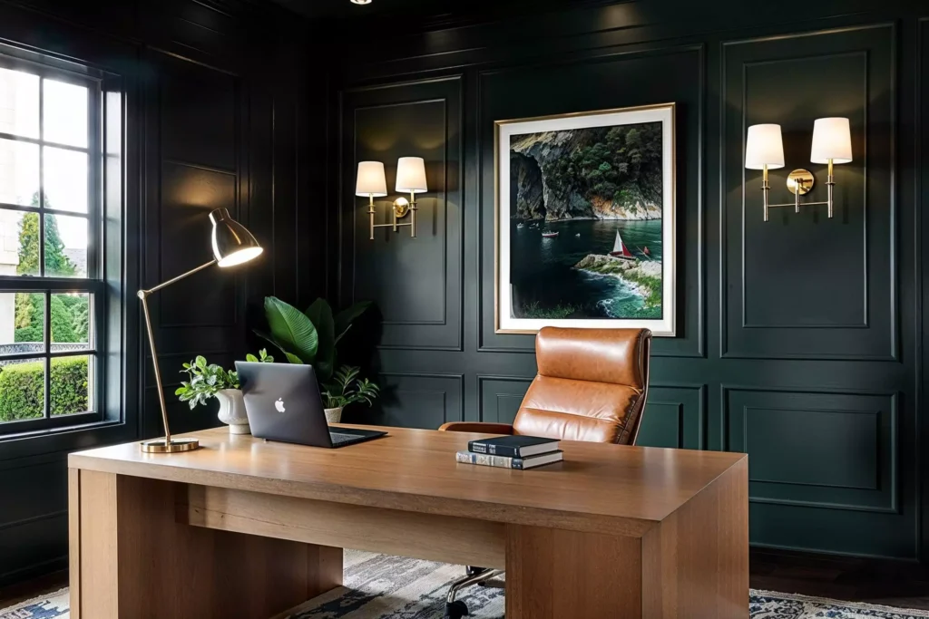 Hunter green wall office with wood paneling and brass wall sconces