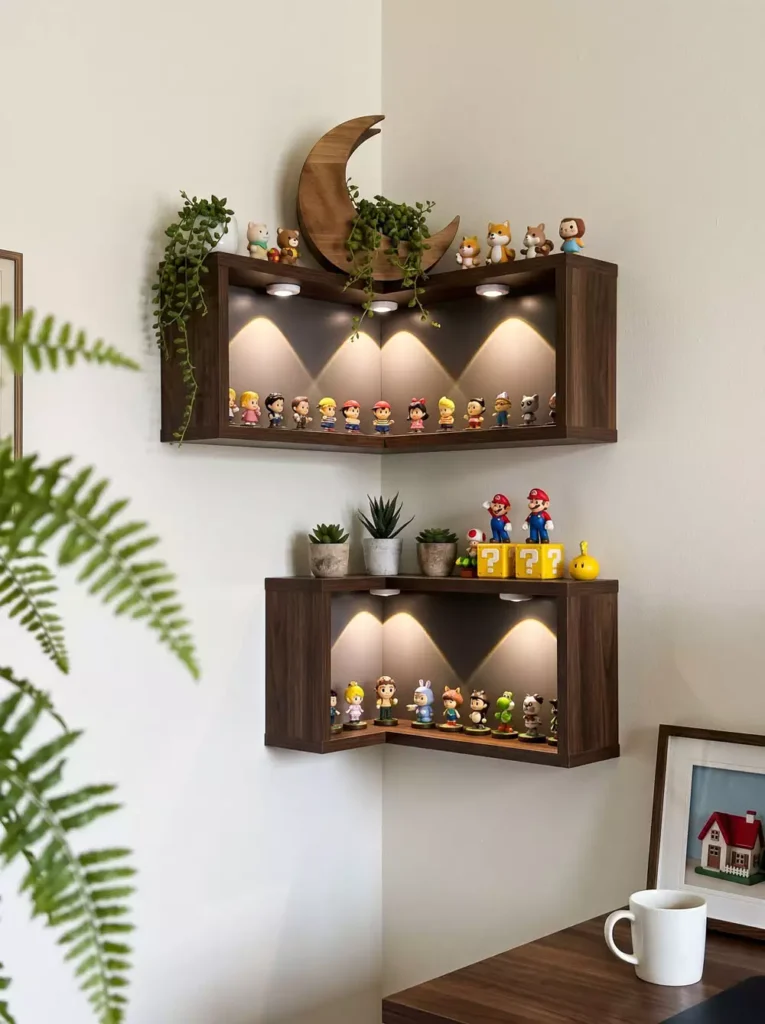 Illuminated wooden corner wall shelves styled with small figures, succulents, and a crescent moon accent