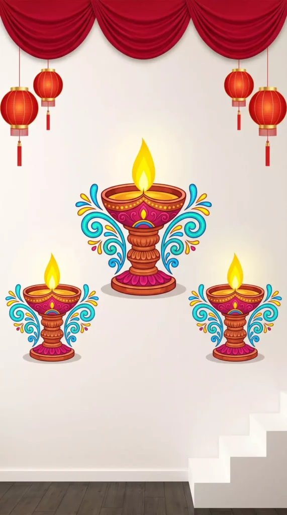 Illustrated diya decals brightening a staircase wall as festive Diwali wall decor