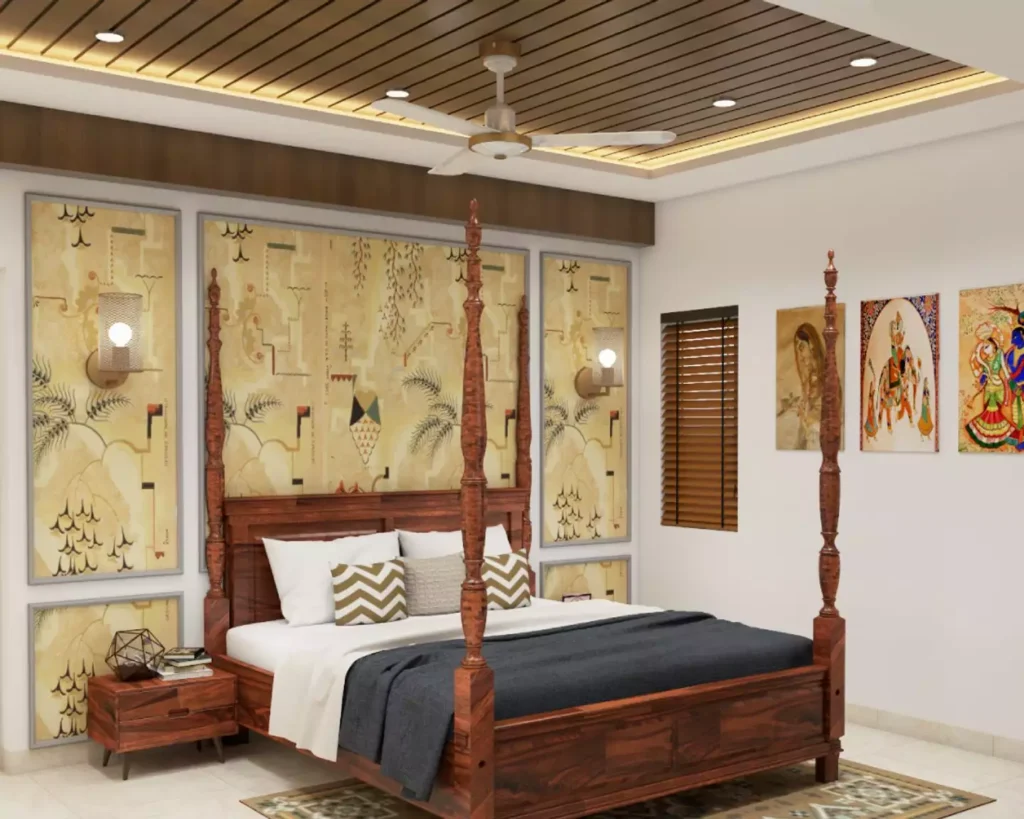 Indian wall decor bedroom with Rajasthani gold mural panels and framed Krishna paintings above a carved wood four poster bed