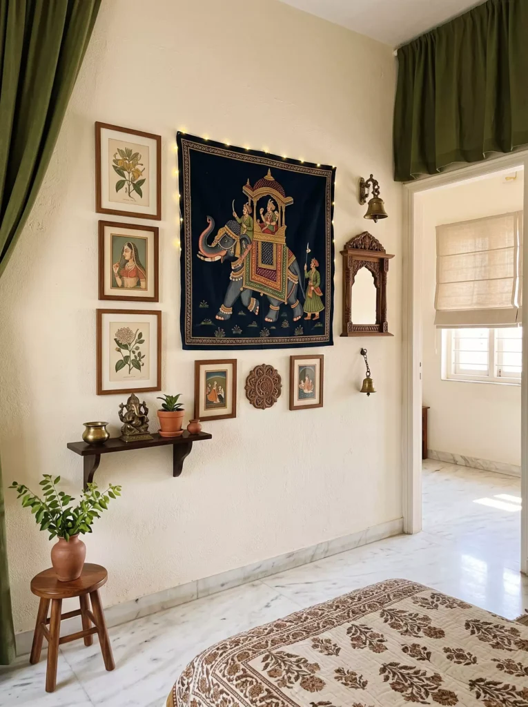 Indian wall decor display with a royal elephant procession tapestry, botanical prints, and a carved wood mirror