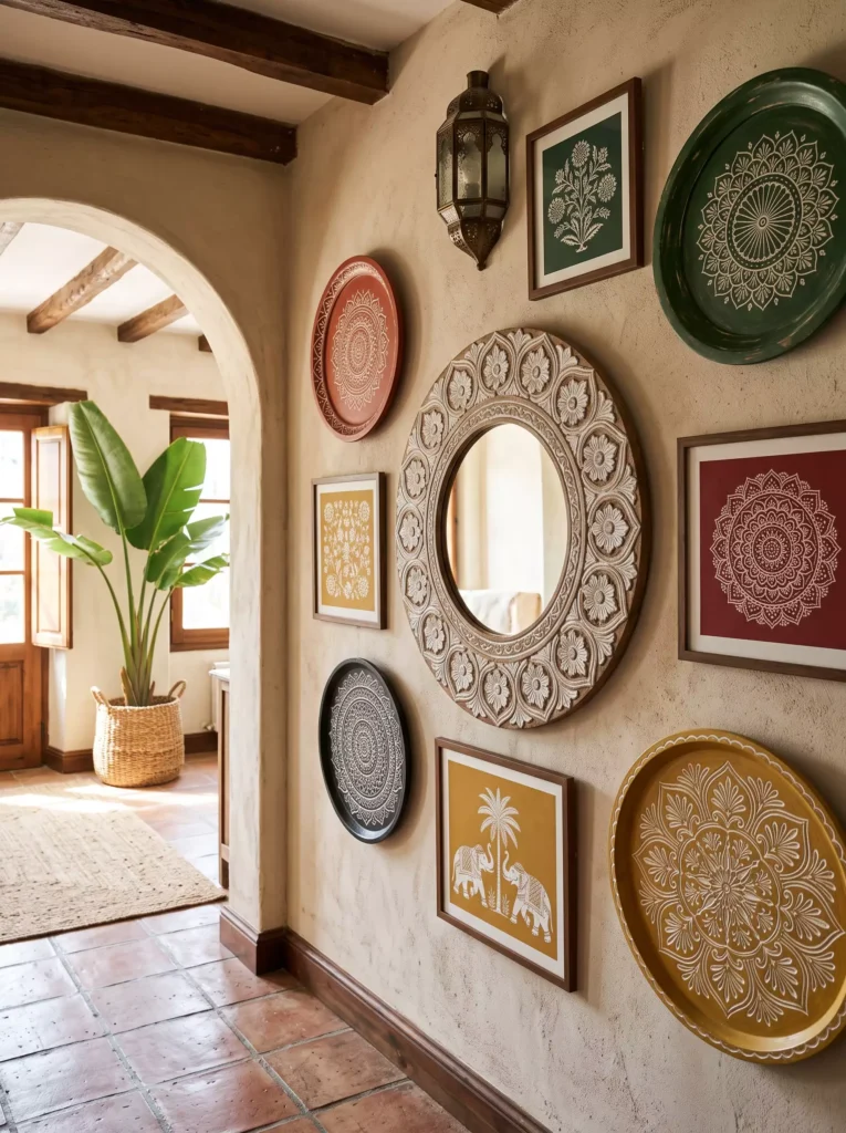 Indian wall decor gallery wall with hand painted brass plates, a carved wood mirror, and mandala art in a hallway