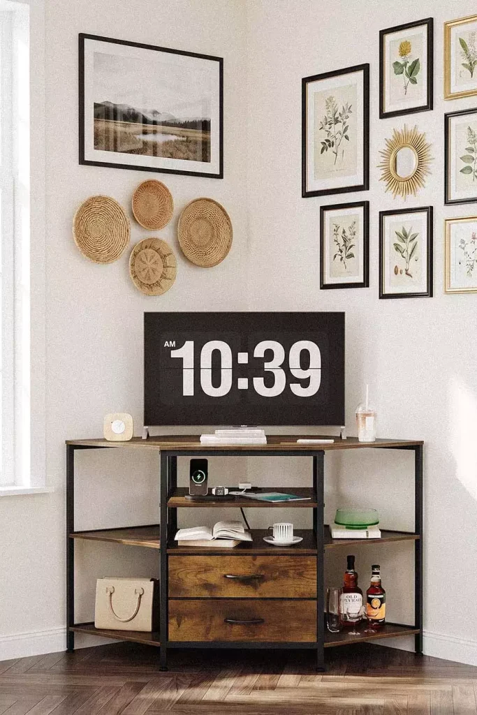 Industrial Corner TV Wall Stand with Gallery Frames and Woven Baskets