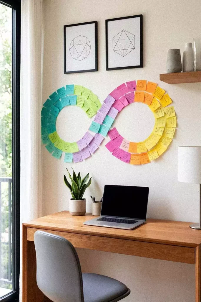 Infinity Symbol Sticky Notes Wall in Teal Purple Pink Orange and Yellow Above a Wooden Desk with a Laptop and Snake Plant