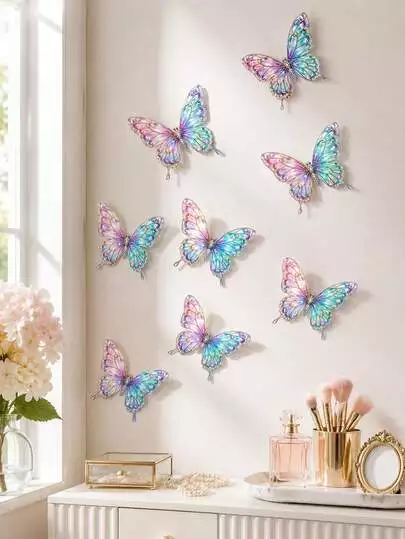 Iridescent Butterfly Wall cluster above a cream dresser with perfume tray