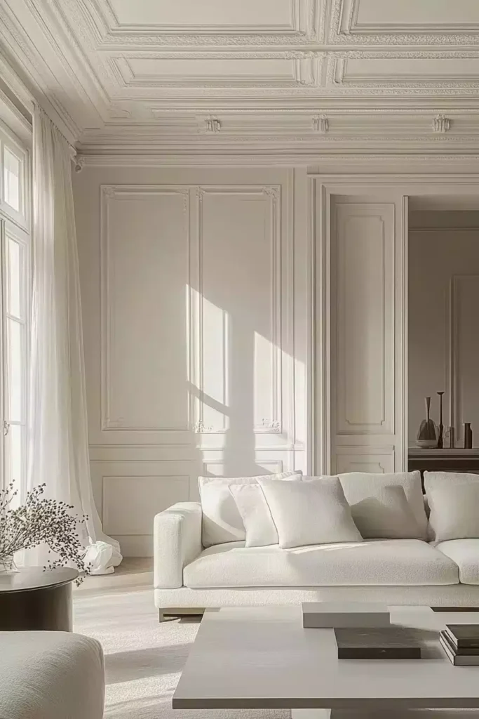 Ivory paneled white walls, coffered ceiling, sunlit sheers, cloud sofa