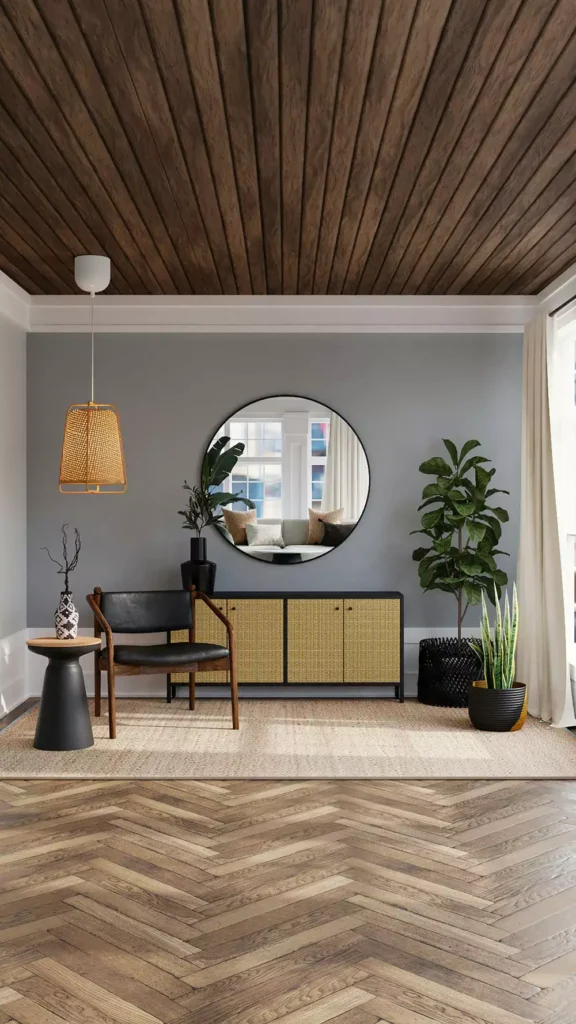Japandi living room decor with rattan sideboard, round black mirror and black accent chair