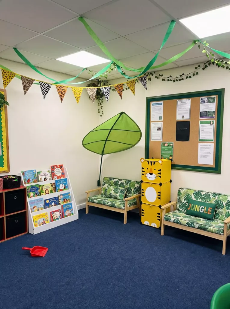 Jungle Themed Classroom Reading Corner With Vine Garlands And Animal Print Bunting