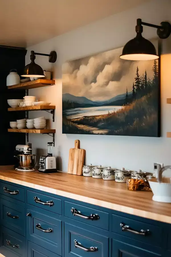 Landscape painting between black sconces on a dark blue kitchen wall