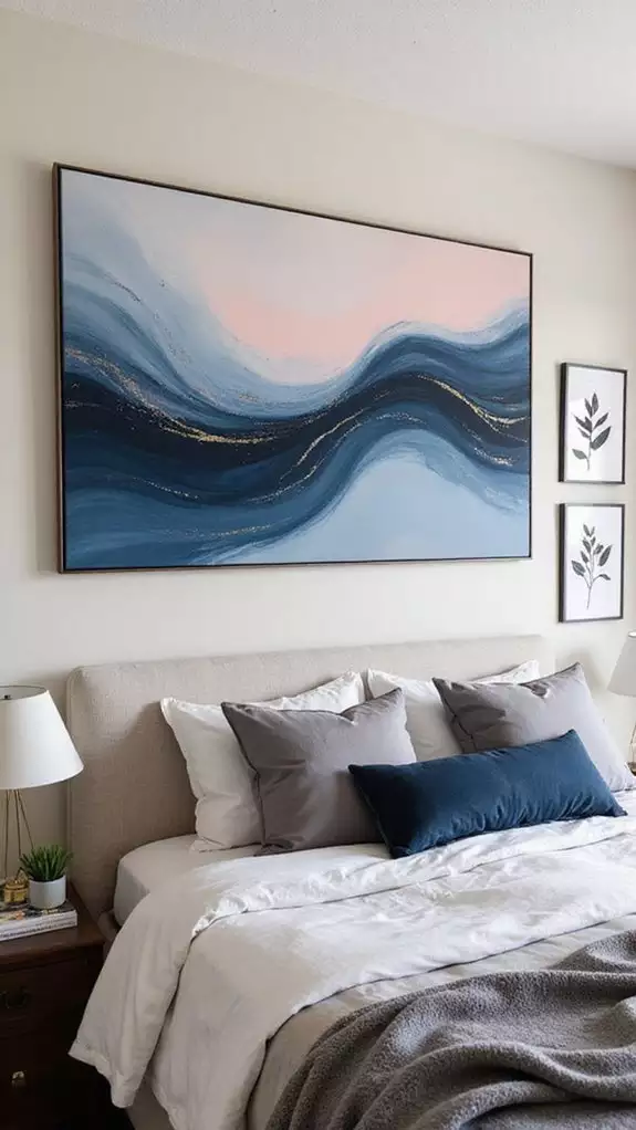 Large abstract blue and pink landscape canvas as statement over the bed wall decor