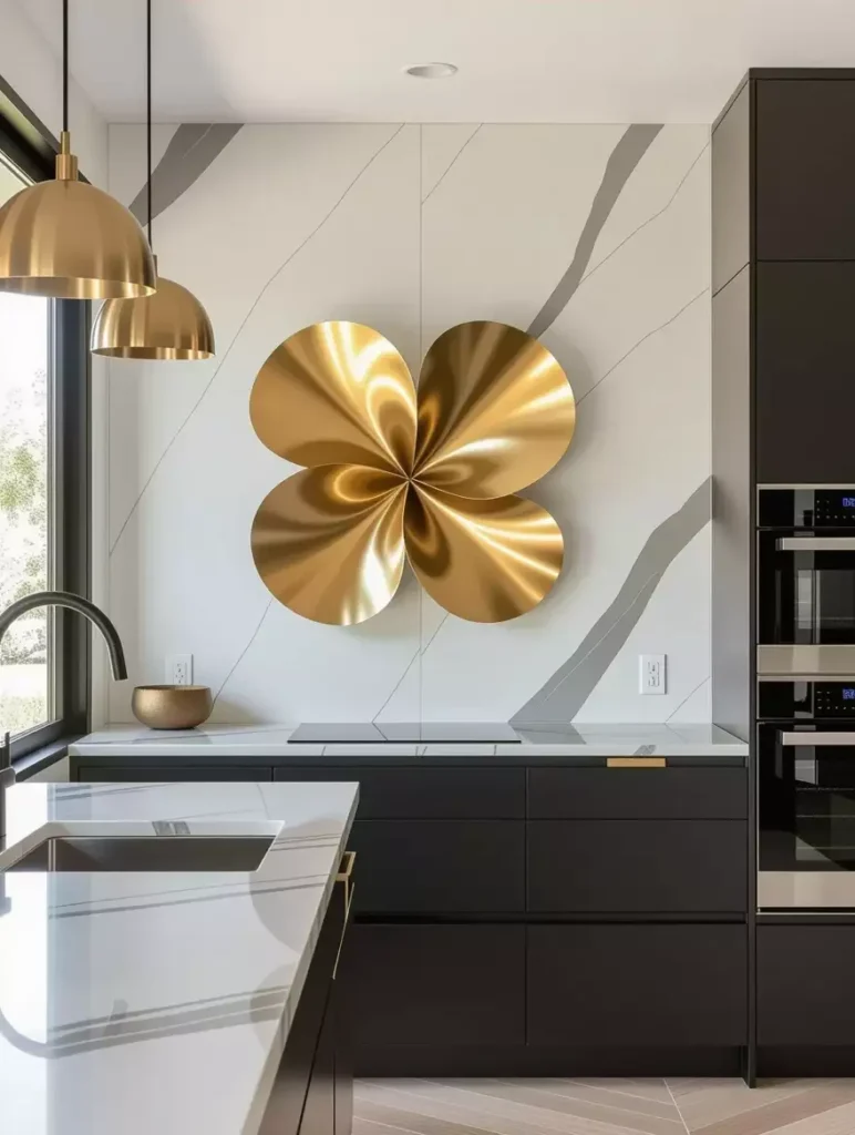 Large gold flower sculpture on a marble kitchen wall