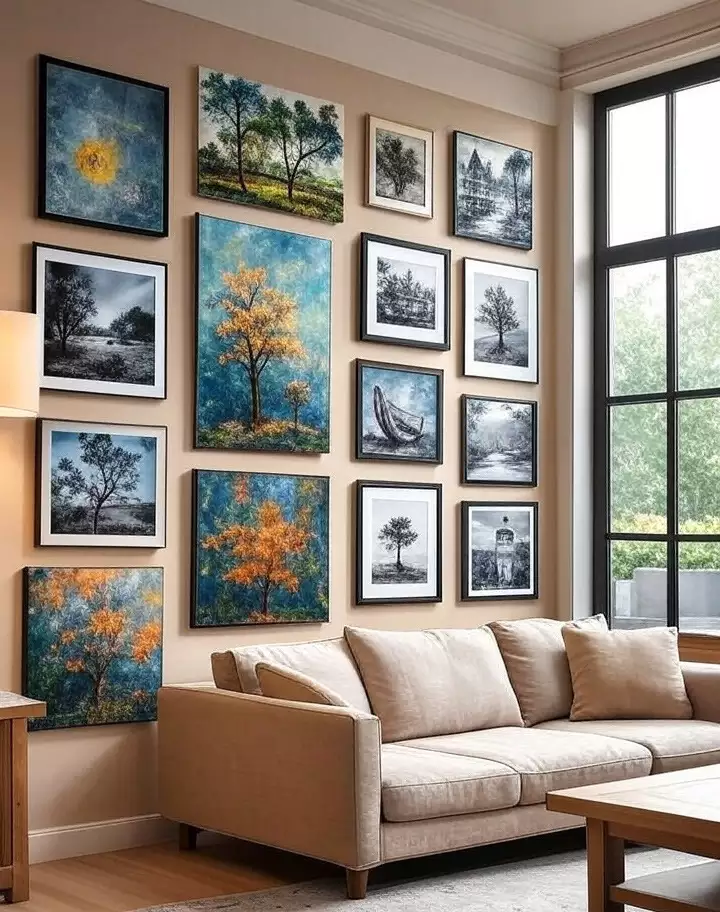 Large tree-themed gallery wall decor for a living room with beige sofa