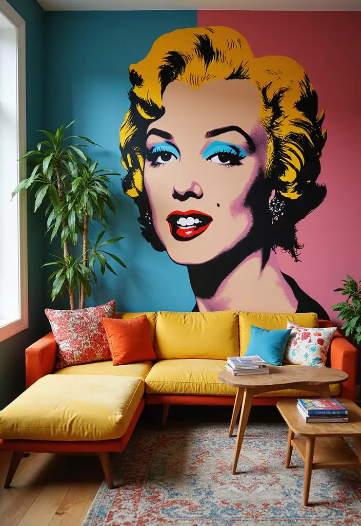 Large wall with a colorful Marilyn Monroe pop art mural above a vibrant yellow living room sofa