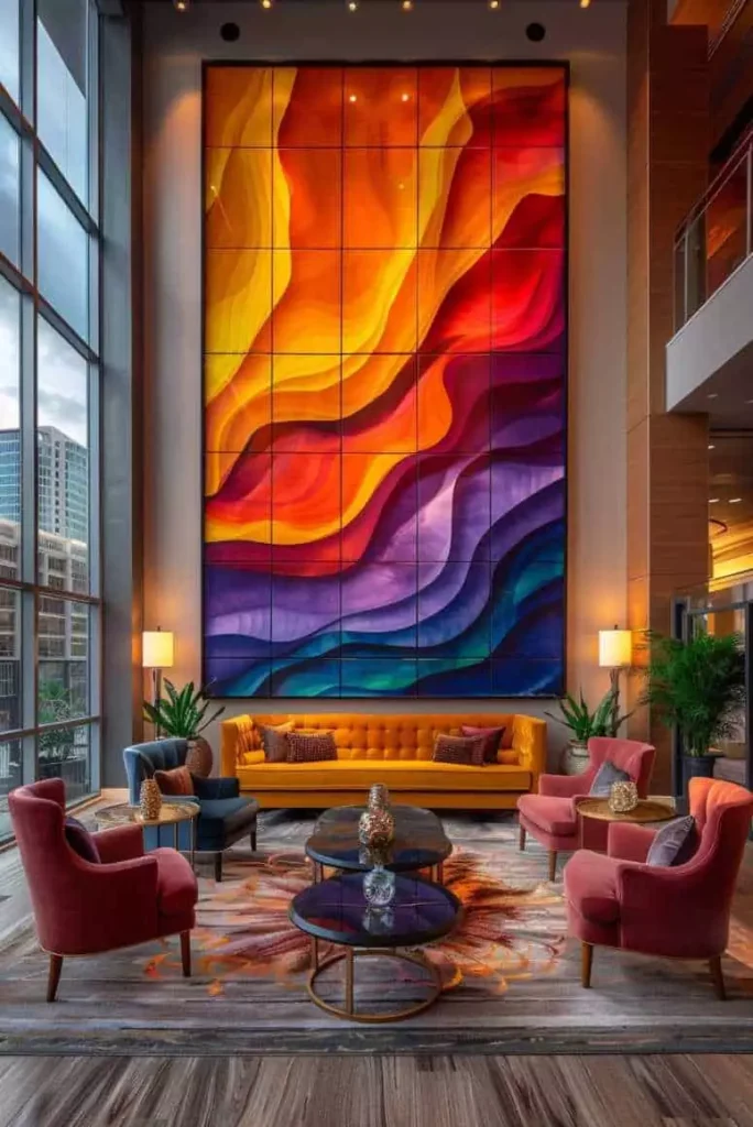 Large wall with a dramatic colorful abstract panel in a double height lounge