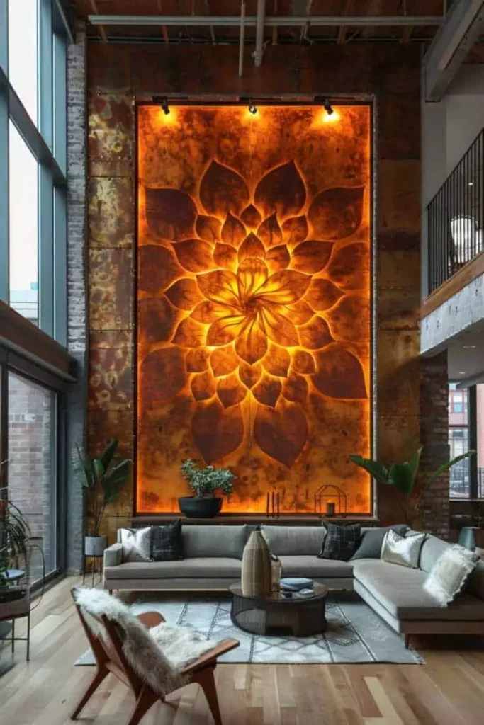 Large wall with a glowing amber lotus flower relief panel in a contemporary living room