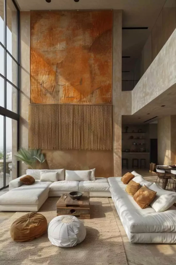 Large wall with a huge rust and beige abstract art panel with fringe trim above a sectional sofa