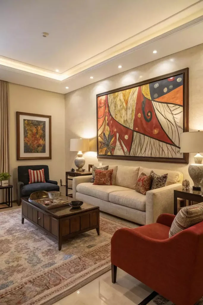 Large wall with a large colorful abstract framed painting above a traditional living room sofa