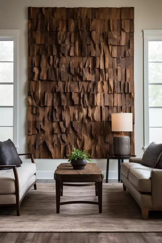 Large wall with a reclaimed wood block mosaic art piece flanked by windows in a neutral living room