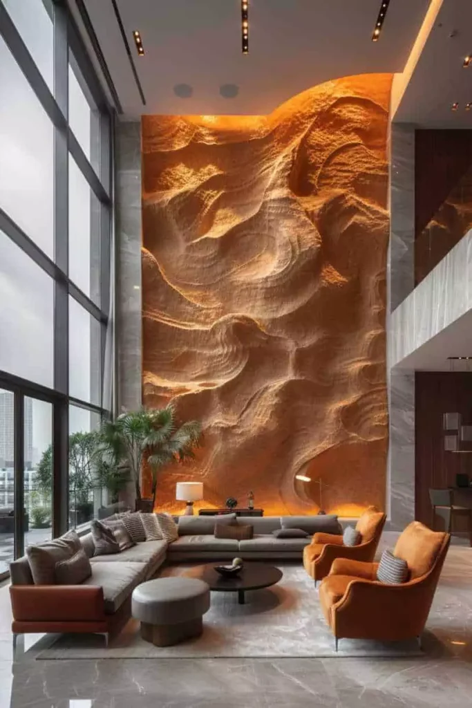 Large wall with a tall sculpted orange textured feature panel in a modern living room