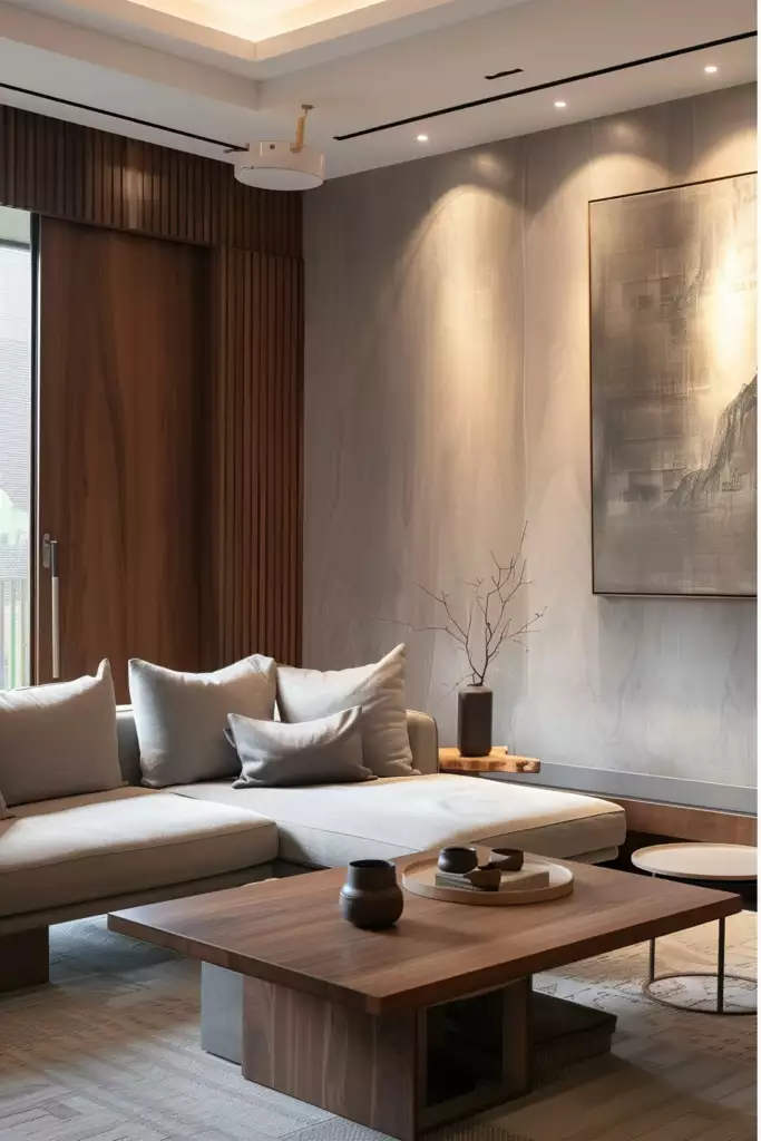 Large wall with a textured plaster finish and a large framed abstract art piece behind a modern sectional sofa