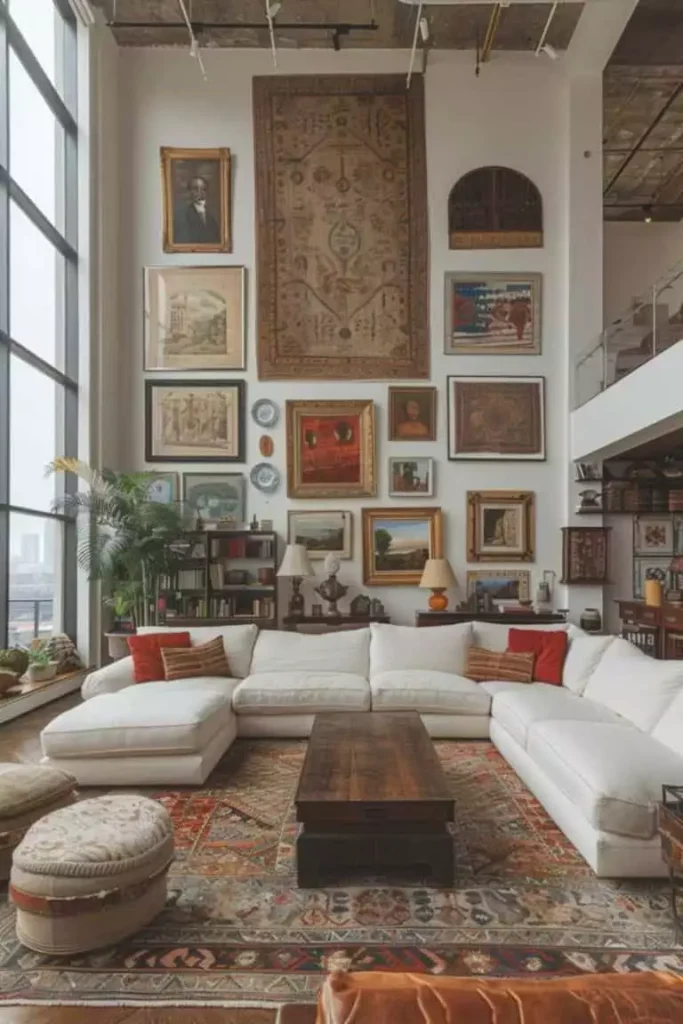 Large wall with an eclectic gallery of framed art and a hanging rug above a long white sofa