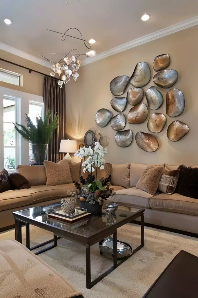 Large wall with clustered metallic pebble-shaped wall art above a beige sectional sofa
