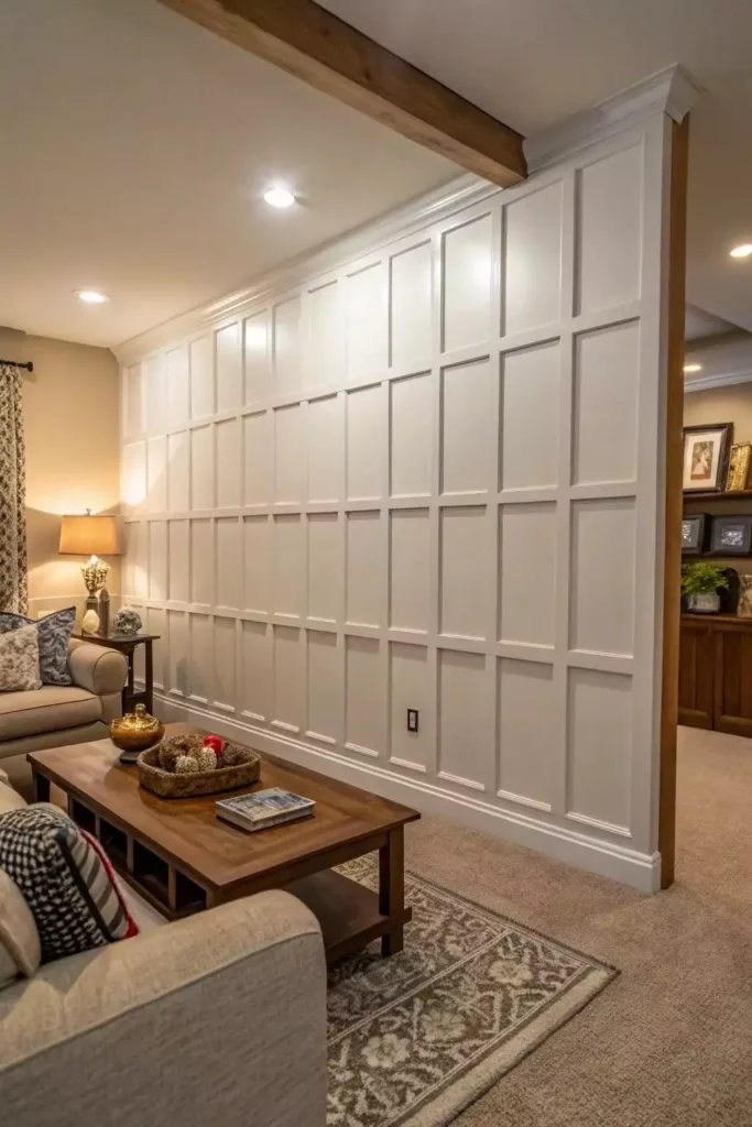 Large wall with white square paneling covering an entire living room feature wall