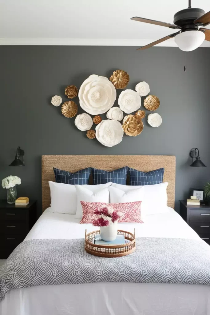 Layered paper flower wall sculpture as statement over the bed wall decor in a dark gray bedroom