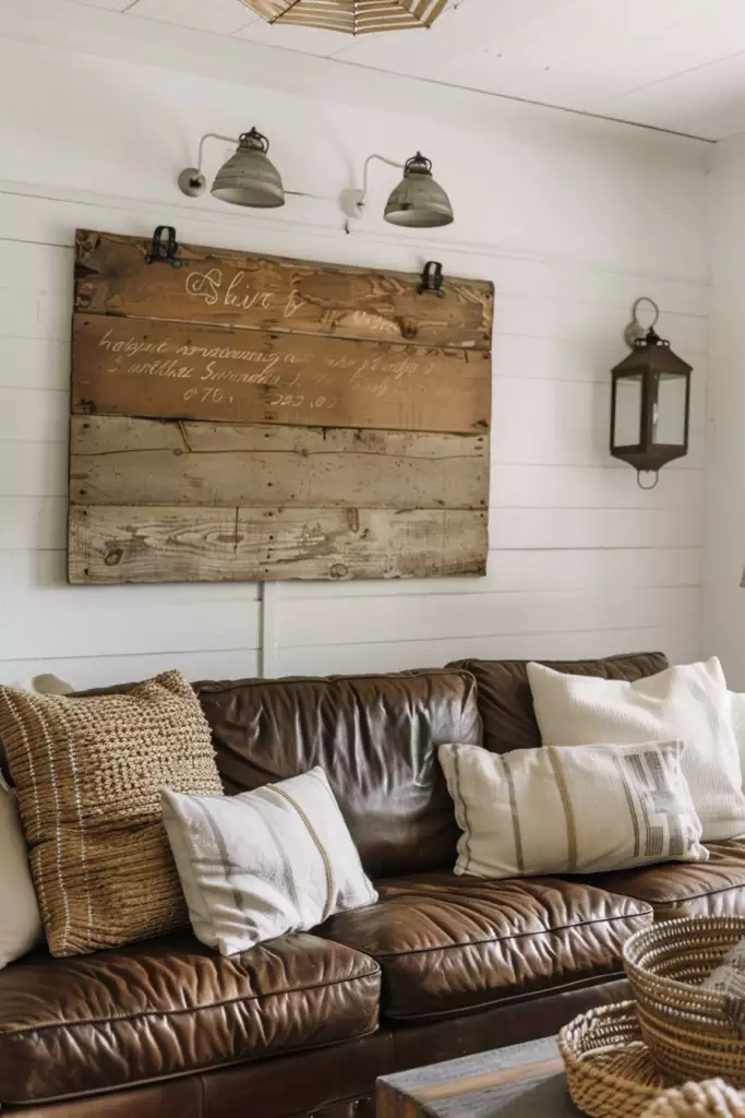 Leather sofa beneath a faded crate sign on a shiplap above sofa wall