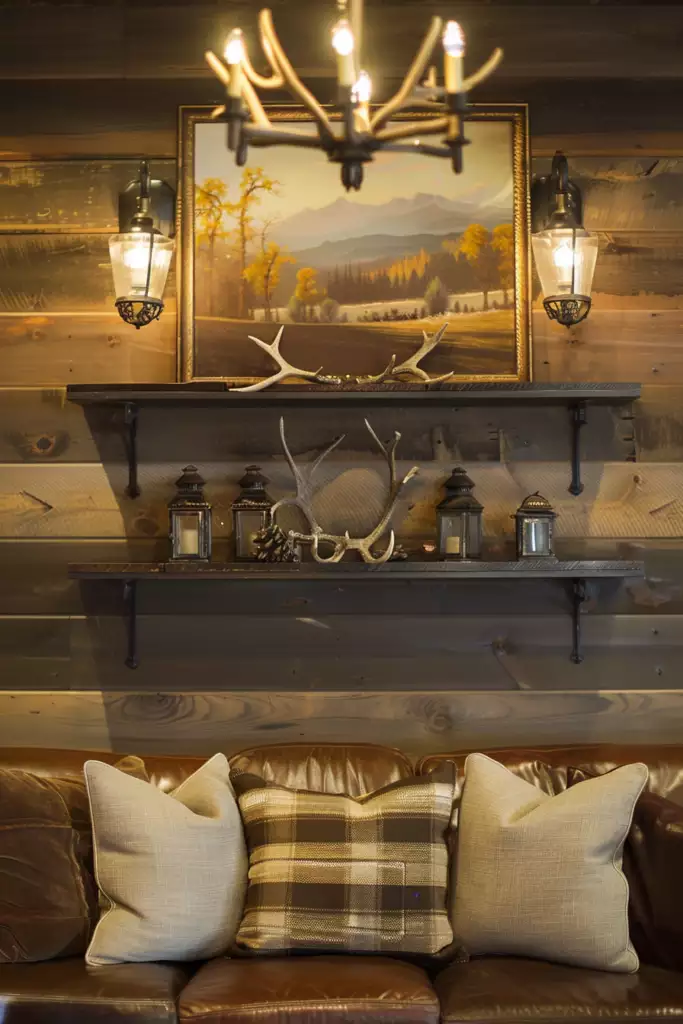 Leather sofa facing double shelves and antlers on a wood above sofa wall