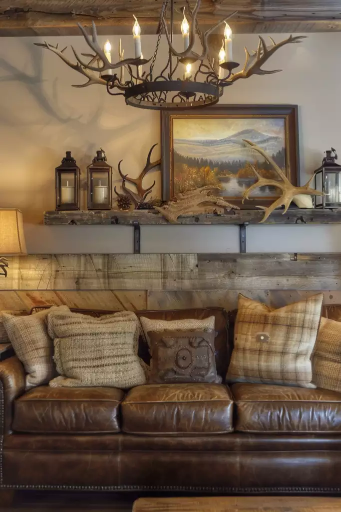 Leather sofa under antlers and a landscape on a lodge above sofa wall
