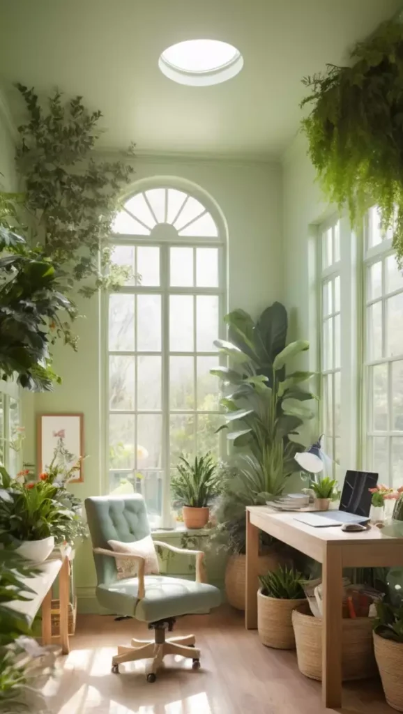 Light green wall office filled with lush potted plants and natural light