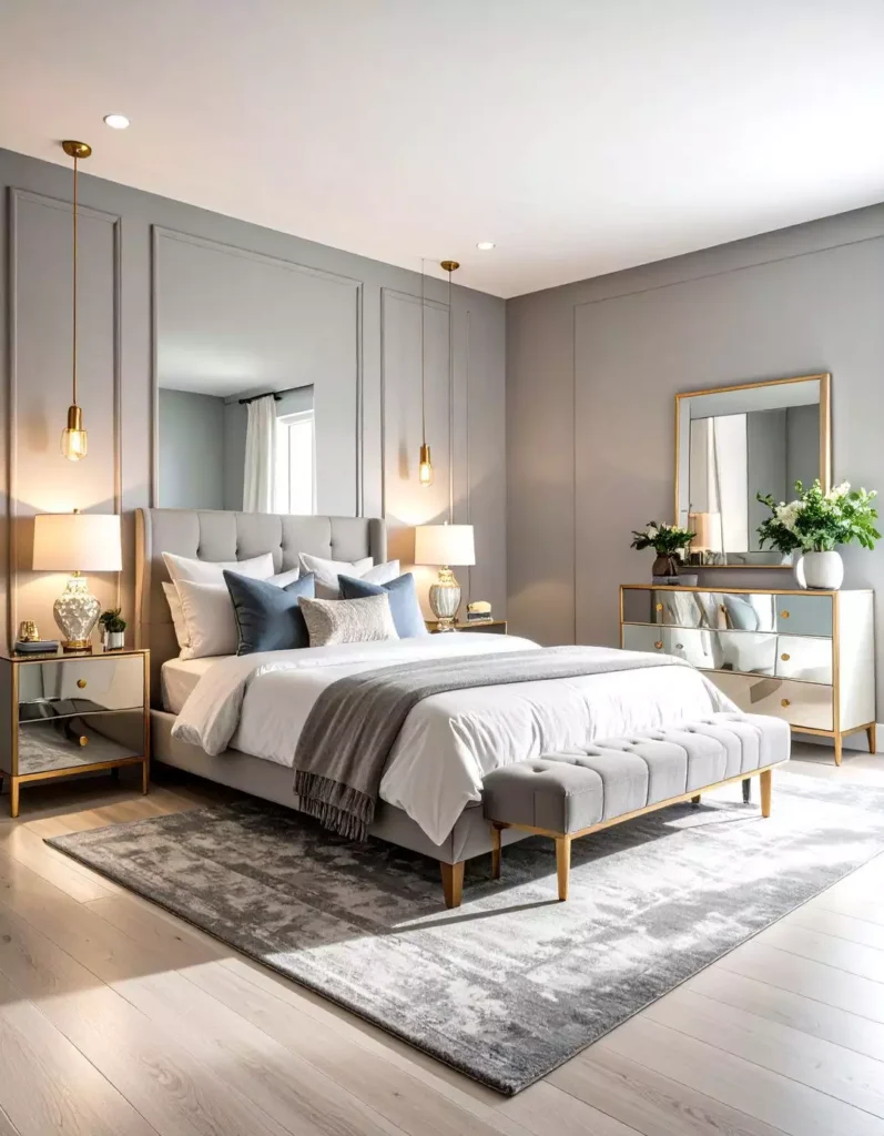 Light grey paneled bedroom wall with mirrored gold-trimmed furniture and blue accent pillows