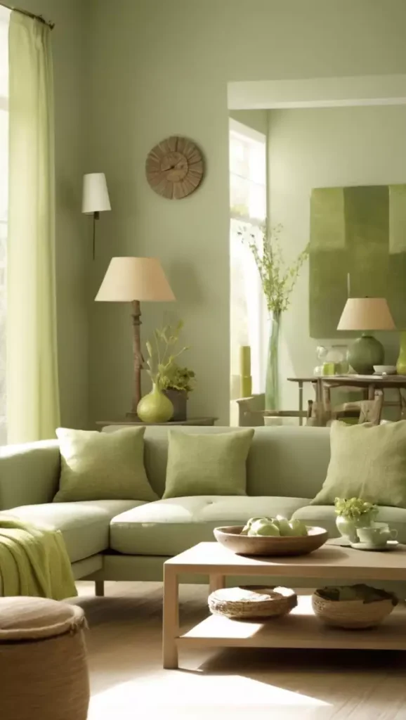 Light sage green walls in an open living and dining space with a linen sofa