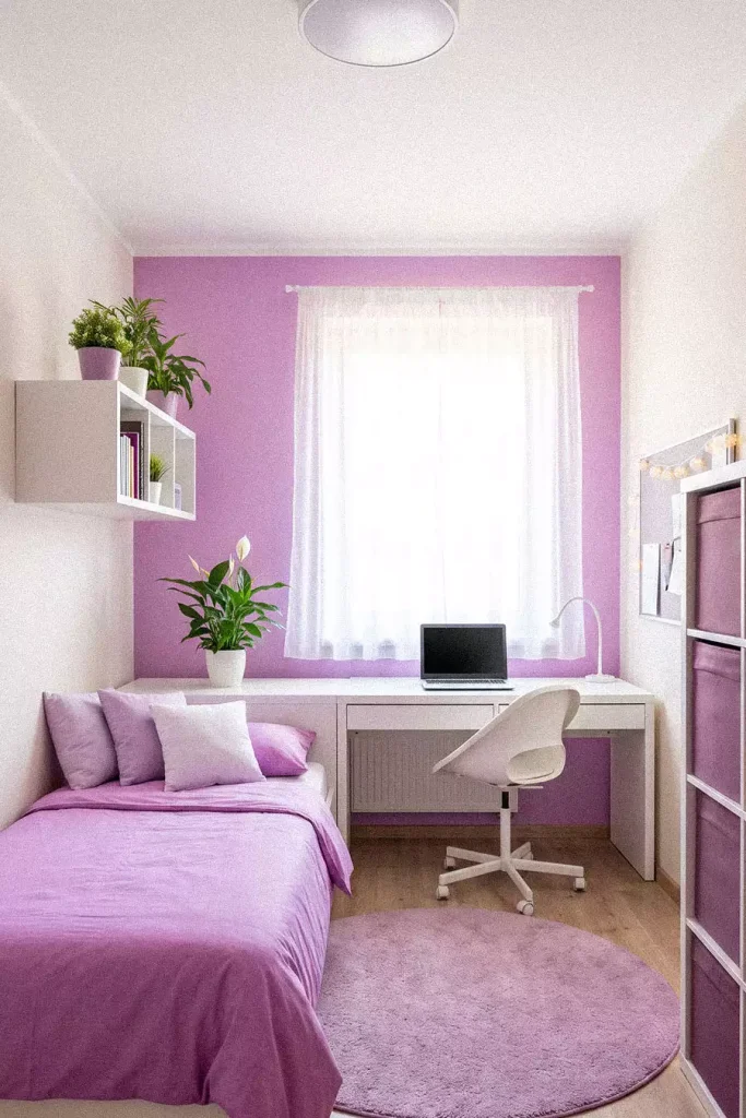 Lilac Accent Wall Decor In A Small Bedroom With A Floating Cube Shelf And Study Desk