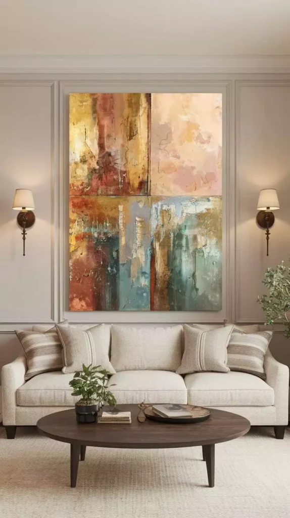 Linen sofa facing a four-panel abstract on a paneled above sofa wall