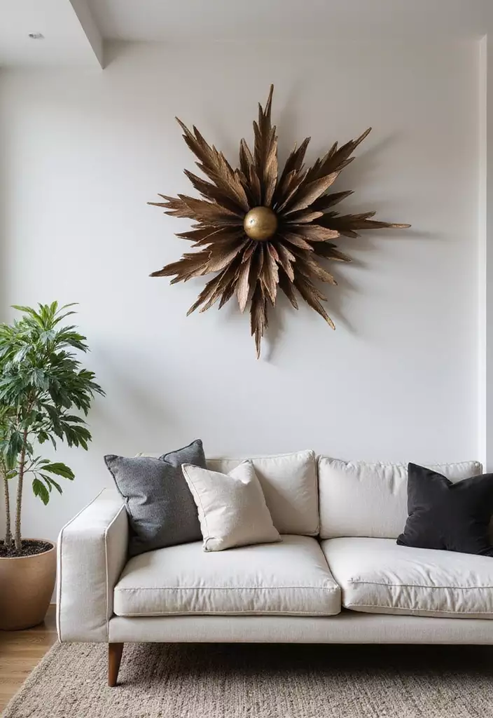 Linen sofa under a bronze starburst on a plain above sofa wall