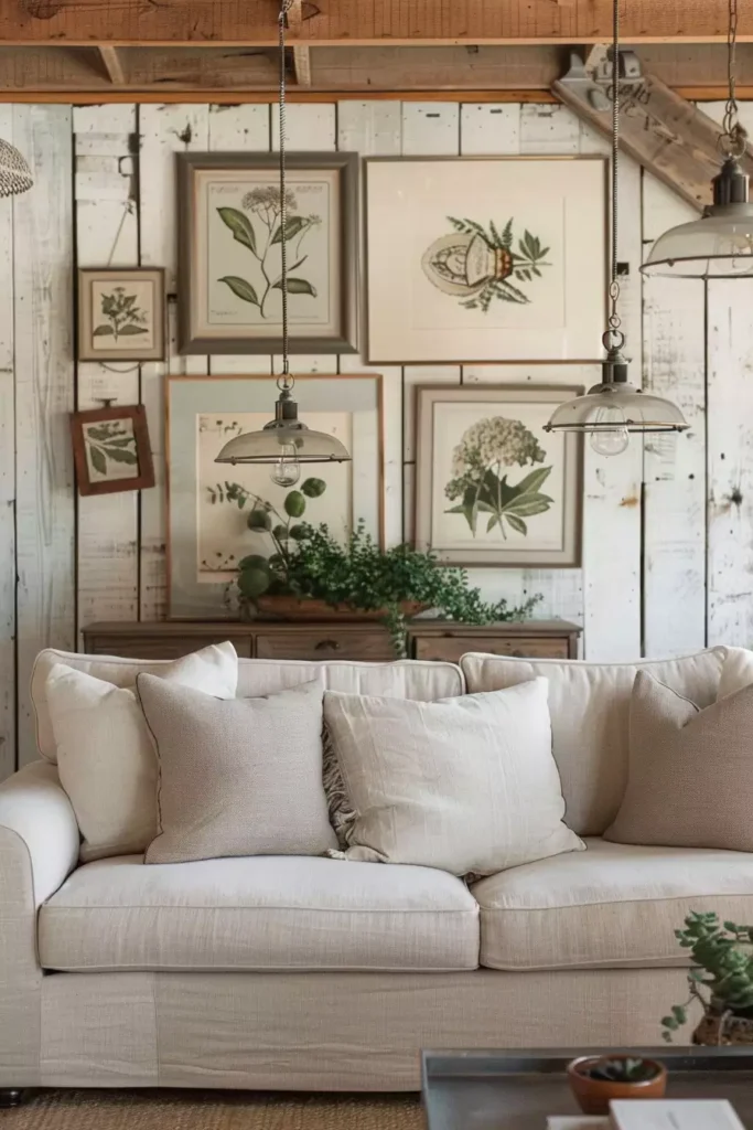 Linen sofa under botanical prints on a whitewashed-plank above sofa wall