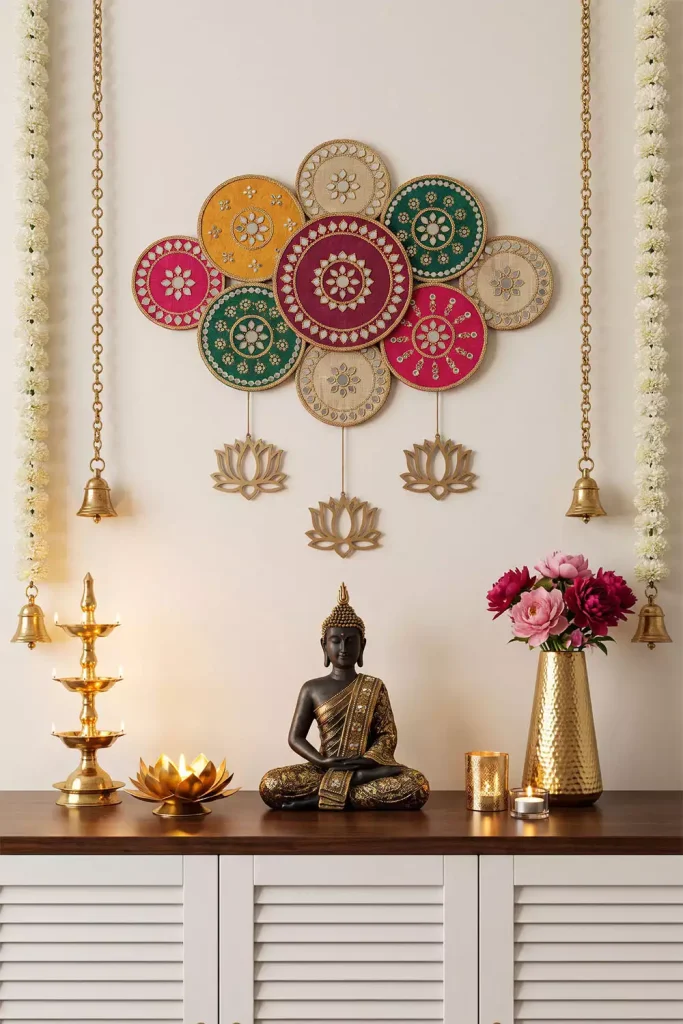 Lippan Art Mirror Cluster Forming Layered Diwali Wall Decor Above A Buddha Statue