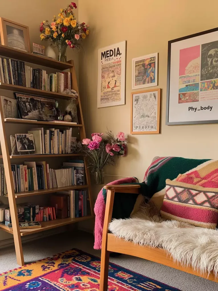 Living room corner with a ladder bookshelf, colorful gallery wall art, armchair, and patterned rug