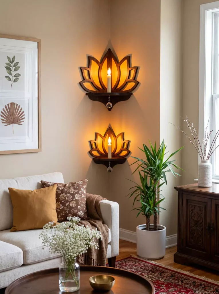 Lotus flower wooden Corner Wall Decor with light shelves, glowing candles and yucca plant in living room