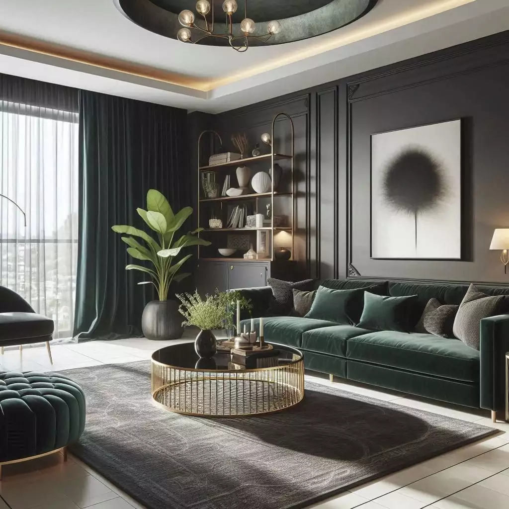 Luxury living room with emerald sofa, gold coffee table, and dark green walls