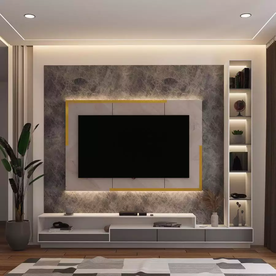Marble TV Wall Outlined In Gold With Adjacent Lit Display Shelving