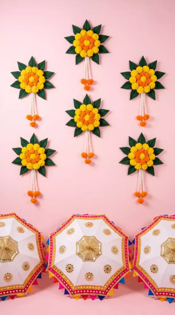 Marigold flower Diwali wall decor paired with decorative parasols on a pink backdrop