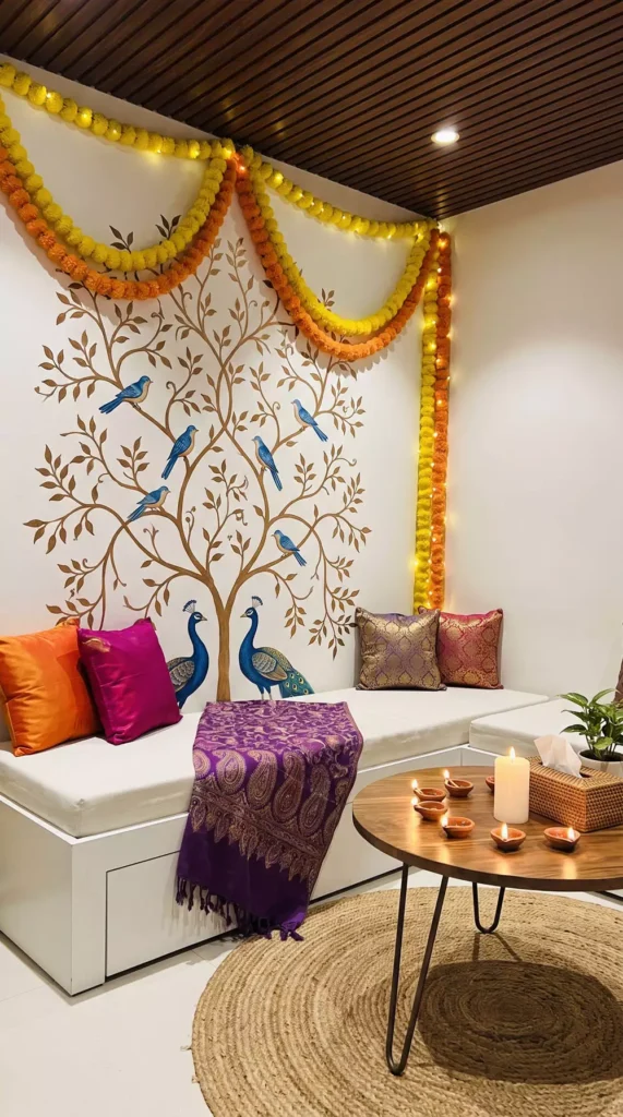 Marigold garland swags and a painted peacock tree mural as Diwali wall decor in a cozy nook