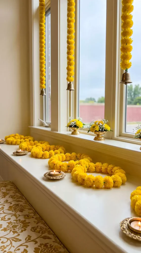 Marigold garlands with brass bells framing a window as Diwali wall decor