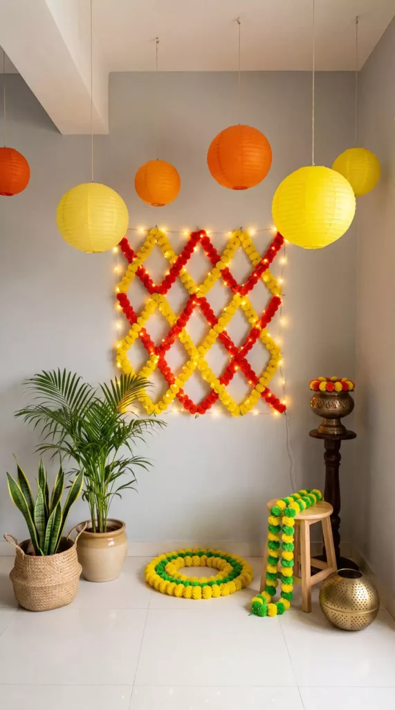 Marigold Lattice With Fairy Lights Forming A Corner Diwali Wall Decor Display