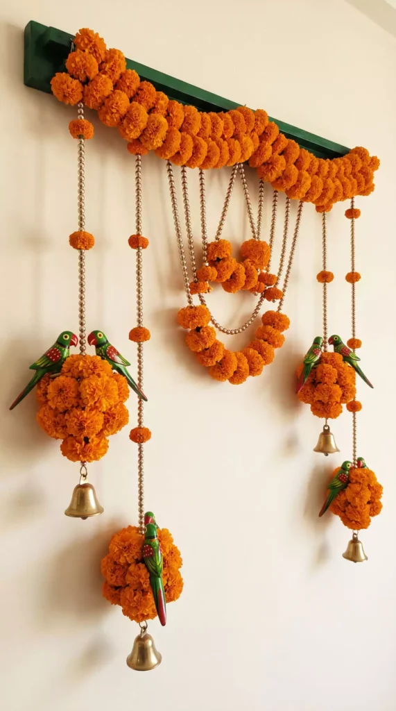 Marigold toran with parrots and bells, a traditional piece of Diwali wall decor