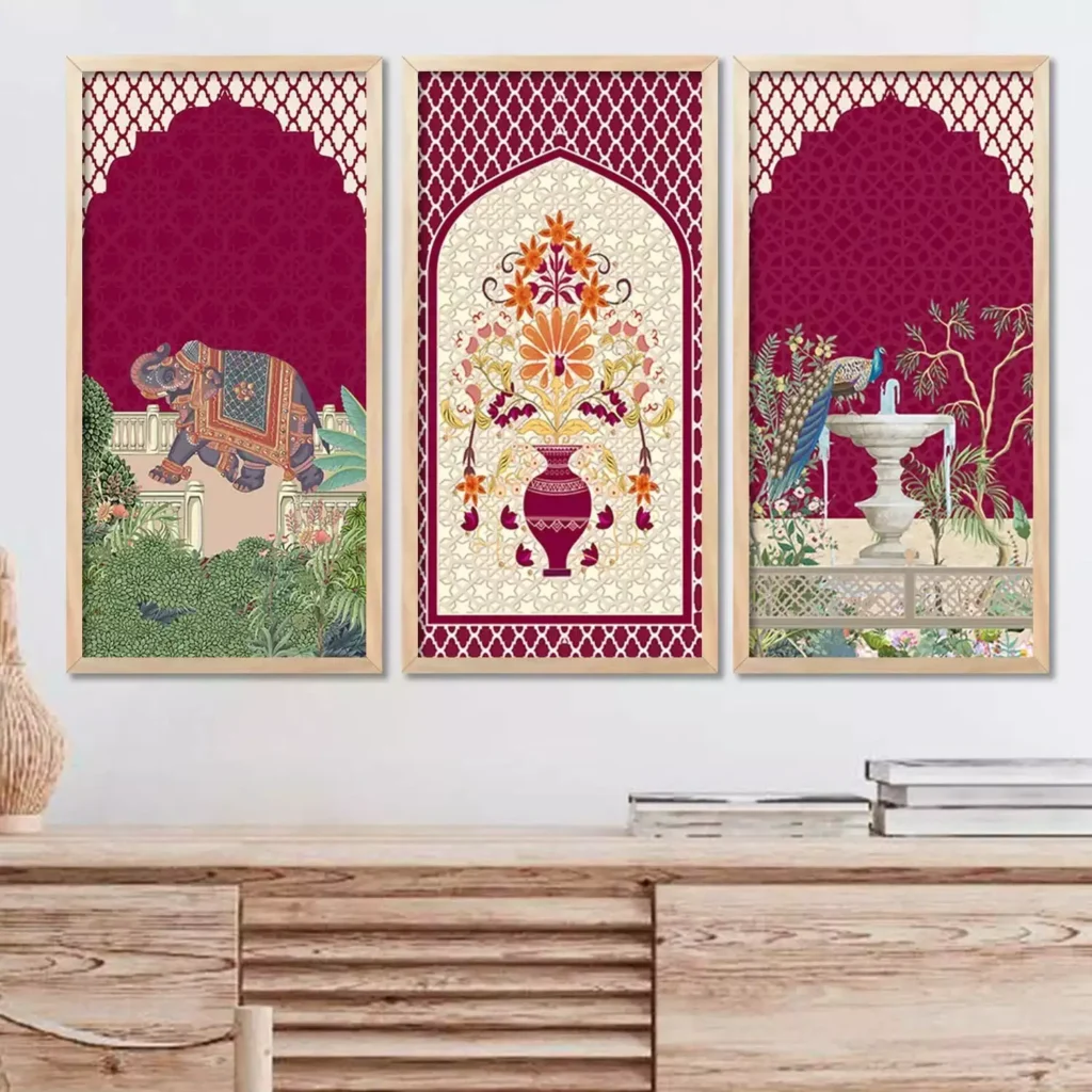 Maroon Mughal style triptych, Indian wall decor with an elephant, floral vase motif, and peacock fountain scene